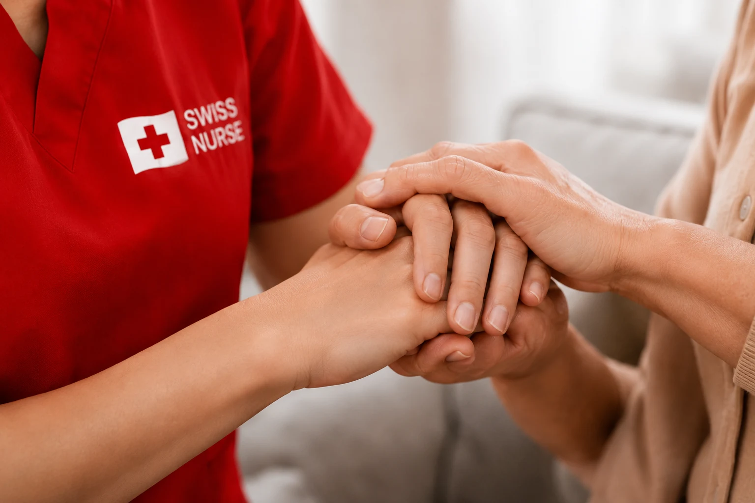 Swiss Nurse caregiver supporting an elderly patient