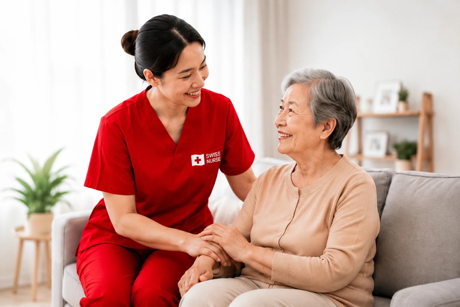 Swiss Nurse caregiver assisting an elderly patient